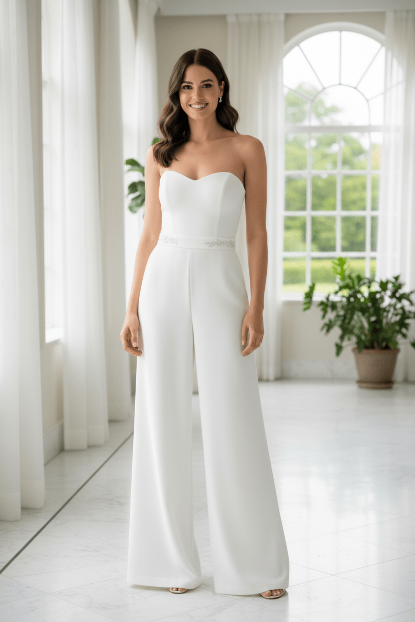 Vue de face d'une combinaison robe de mariée pantalon bustier blanc
