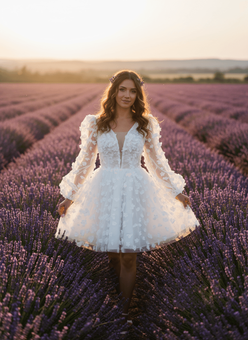 Mariée souriante dans un champ de lavande en robe bohème chic courte