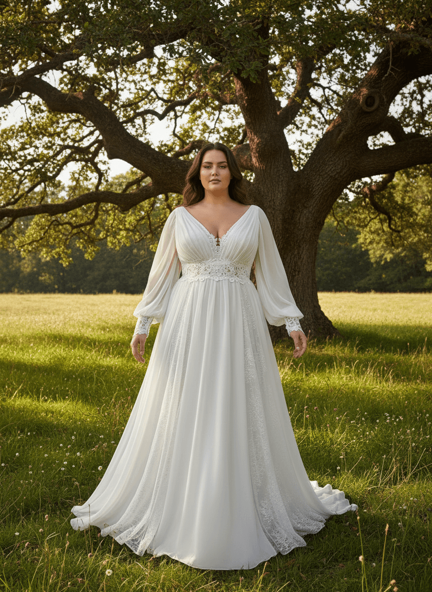 Mariée grande taille en robe bohème fluide avec décolleté en V